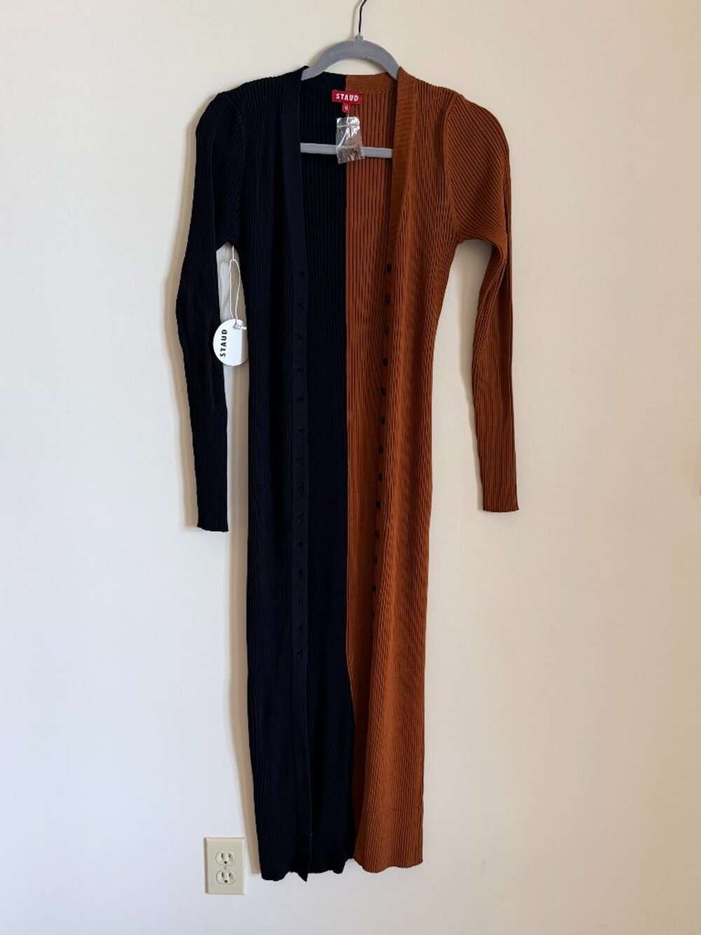 NWT STAUD Shoko Long Sweater or Dress, Size M. Color is Tan and Black